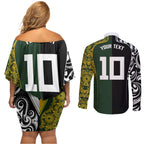 Aotearoa Australia Rugby Custom Couples Matching Off Shoulder Short Dress and Long Sleeve Button Shirt Maori and Aboriginal Art Sporty Style - Aussie Hoodie