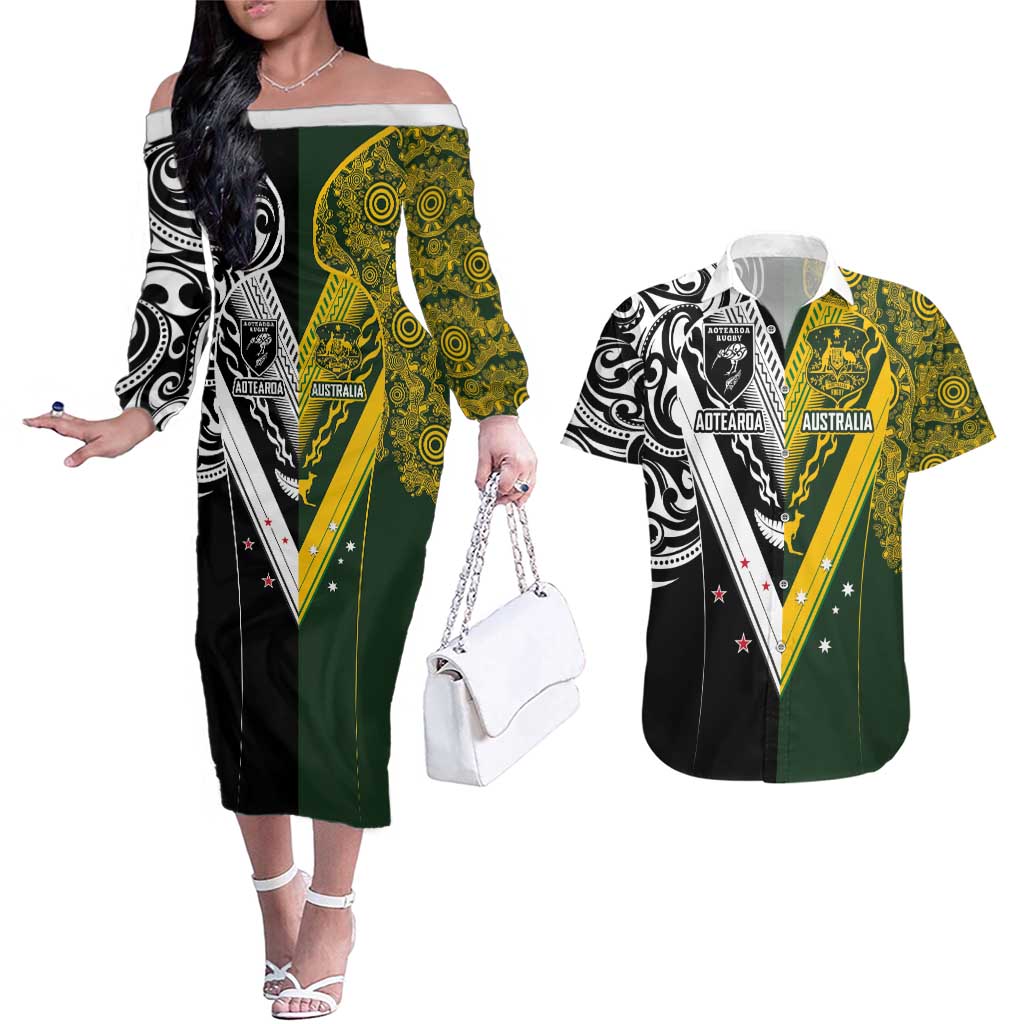 Aotearoa Australia Rugby Custom Couples Matching Off The Shoulder Long Sleeve Dress and Hawaiian Shirt Maori and Aboriginal Art Sporty Style - Aussie Hoodie