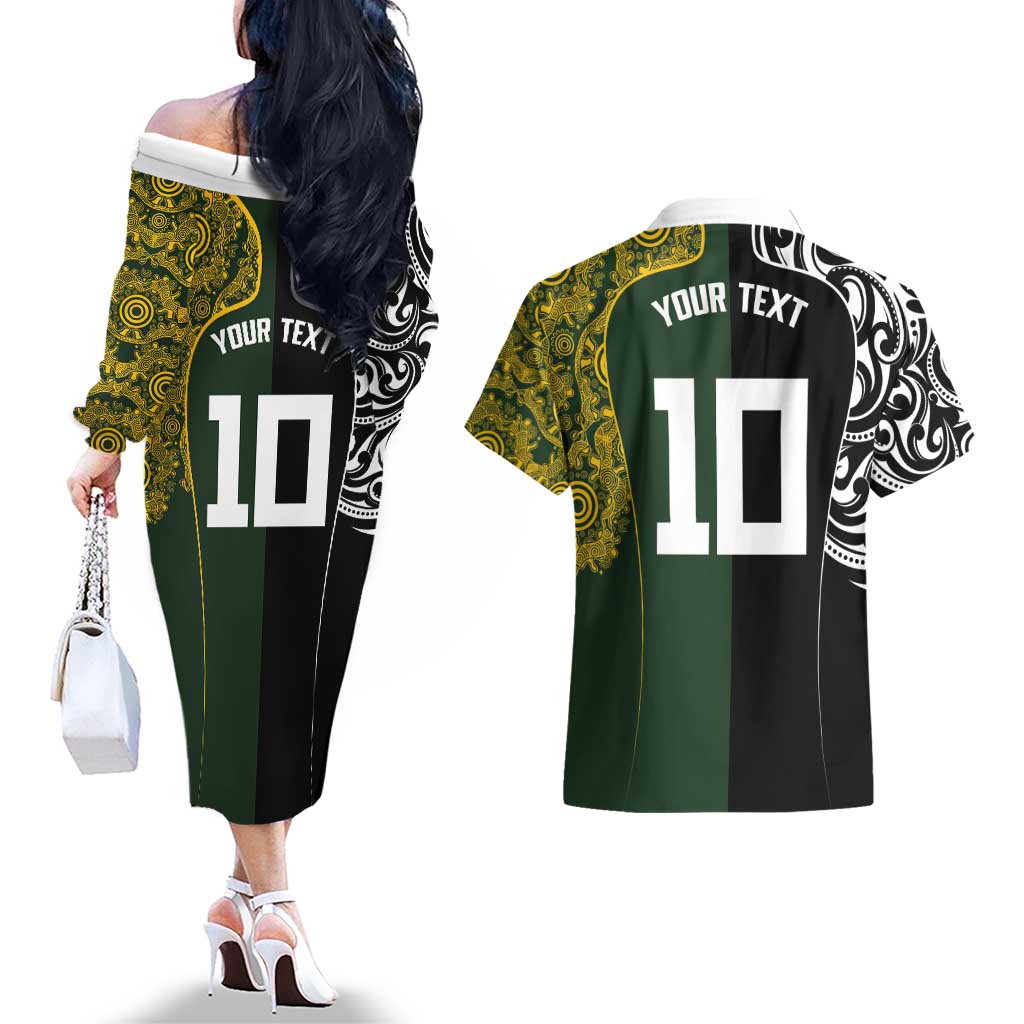 Aotearoa Australia Rugby Custom Couples Matching Off The Shoulder Long Sleeve Dress and Hawaiian Shirt Maori and Aboriginal Art Sporty Style - Aussie Hoodie