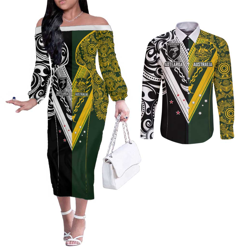 Aotearoa Australia Rugby Custom Couples Matching Off The Shoulder Long Sleeve Dress and Long Sleeve Button Shirt Maori and Aboriginal Art Sporty Style - Aussie Hoodie