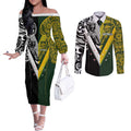 Aotearoa Australia Rugby Custom Couples Matching Off The Shoulder Long Sleeve Dress and Long Sleeve Button Shirt Maori and Aboriginal Art Sporty Style - Aussie Hoodie