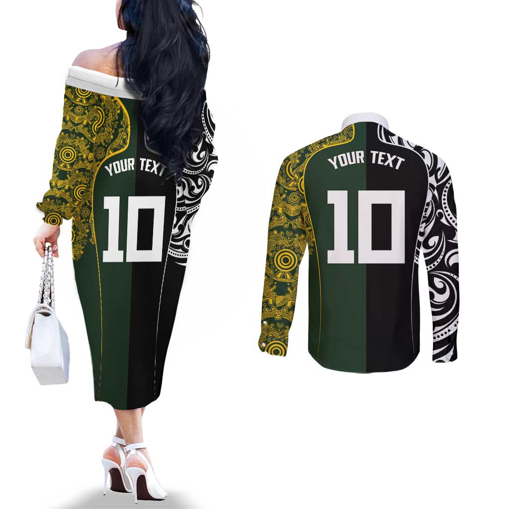 Aotearoa Australia Rugby Custom Couples Matching Off The Shoulder Long Sleeve Dress and Long Sleeve Button Shirt Maori and Aboriginal Art Sporty Style - Aussie Hoodie