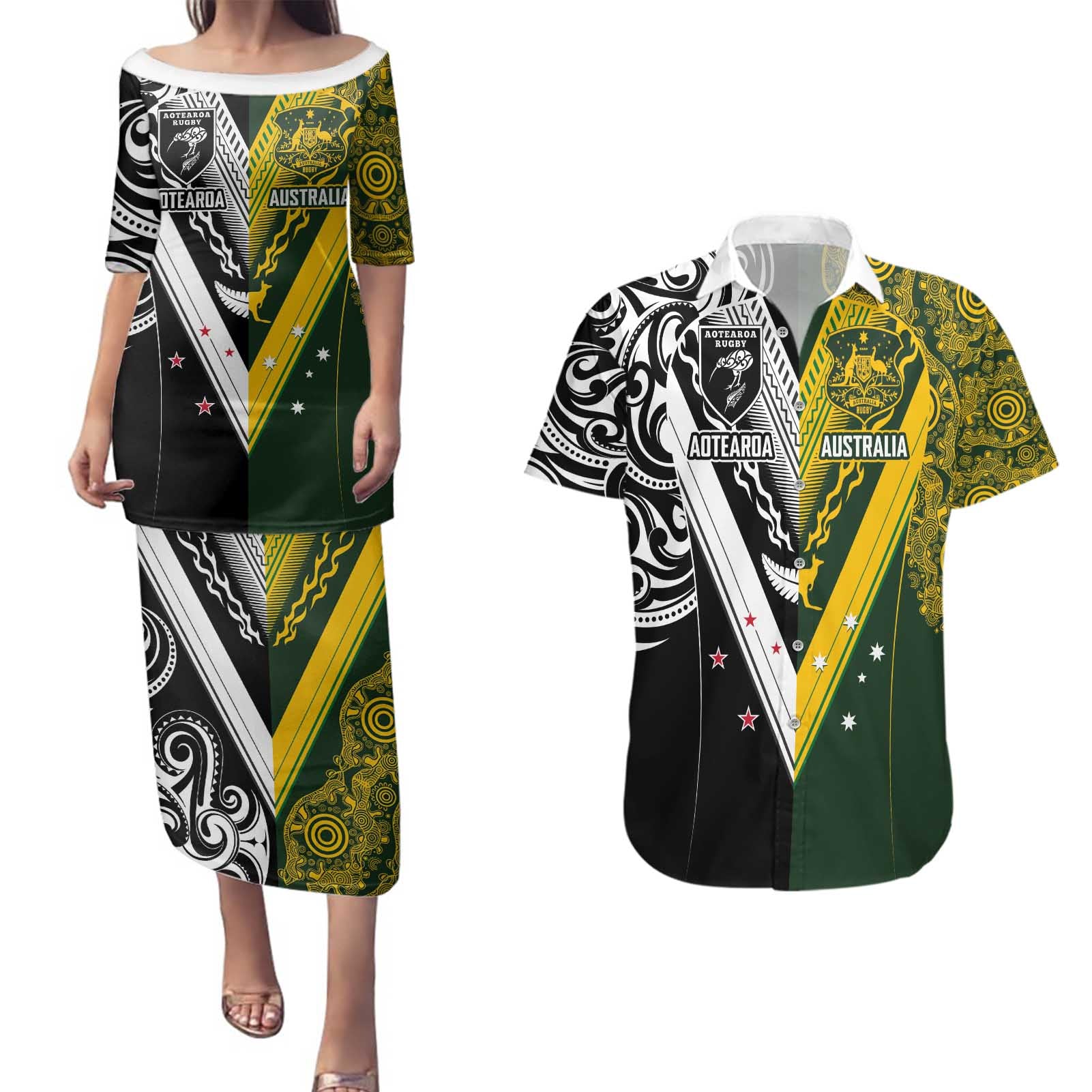 Aotearoa Australia Rugby Custom Couples Matching Puletasi and Hawaiian Shirt Maori and Aboriginal Art Sporty Style - Aussie Hoodie