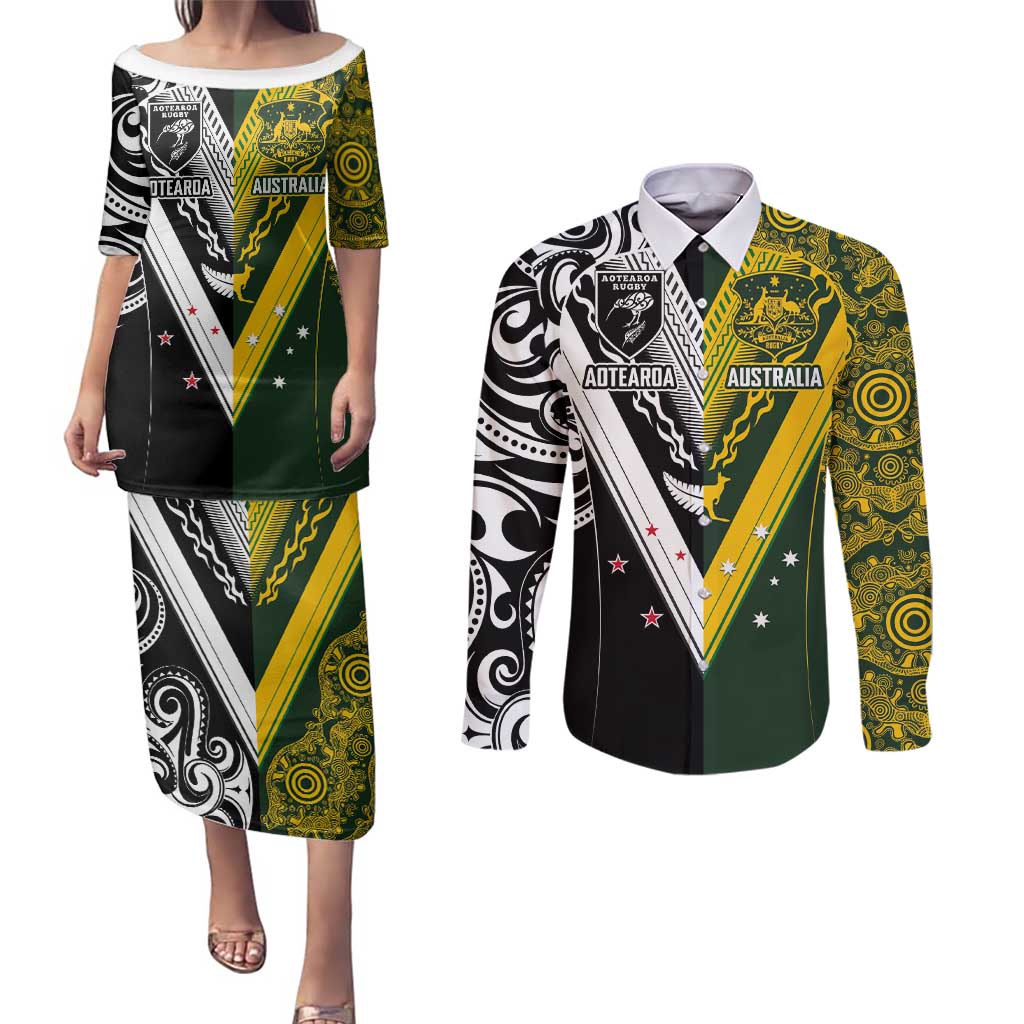 Aotearoa Australia Rugby Custom Couples Matching Puletasi and Long Sleeve Button Shirt Maori and Aboriginal Art Sporty Style - Aussie Hoodie