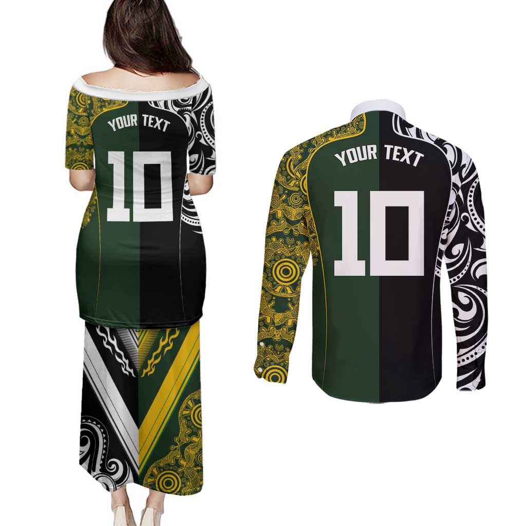 Aotearoa Australia Rugby Custom Couples Matching Puletasi and Long Sleeve Button Shirt Maori and Aboriginal Art Sporty Style - Aussie Hoodie
