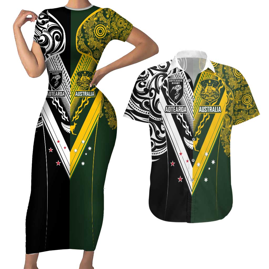 Aotearoa Australia Rugby Custom Couples Matching Short Sleeve Bodycon Dress and Hawaiian Shirt Maori and Aboriginal Art Sporty Style - Aussie Hoodie