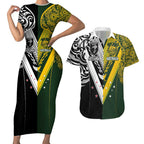 Aotearoa Australia Rugby Custom Couples Matching Short Sleeve Bodycon Dress and Hawaiian Shirt Maori and Aboriginal Art Sporty Style - Aussie Hoodie