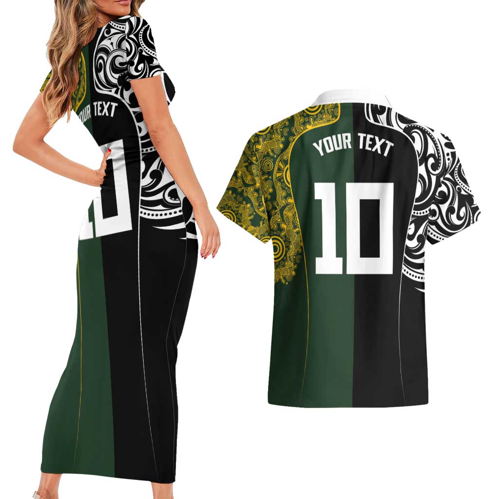 Aotearoa Australia Rugby Custom Couples Matching Short Sleeve Bodycon Dress and Hawaiian Shirt Maori and Aboriginal Art Sporty Style - Aussie Hoodie