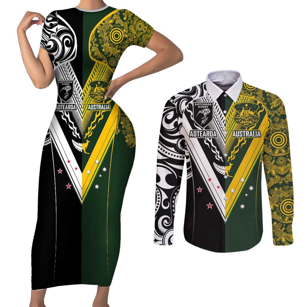 Aotearoa Australia Rugby Custom Couples Matching Short Sleeve Bodycon Dress and Long Sleeve Button Shirt Maori and Aboriginal Art Sporty Style - Aussie Hoodie