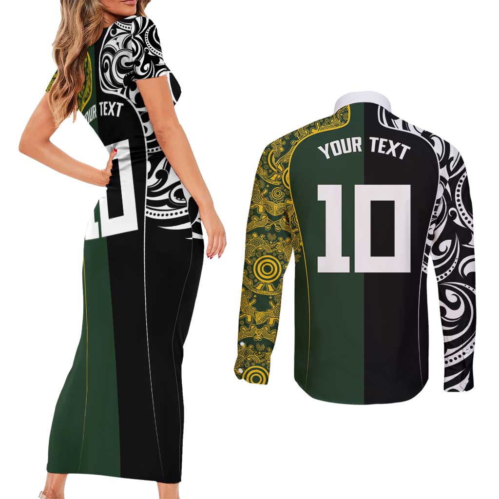 Aotearoa Australia Rugby Custom Couples Matching Short Sleeve Bodycon Dress and Long Sleeve Button Shirt Maori and Aboriginal Art Sporty Style - Aussie Hoodie