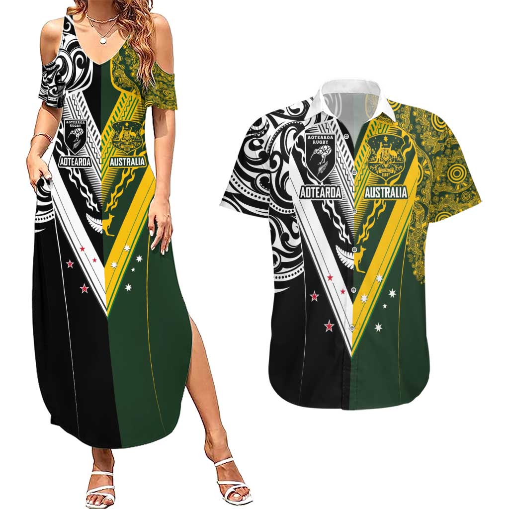 Aotearoa Australia Rugby Custom Couples Matching Summer Maxi Dress and Hawaiian Shirt Maori and Aboriginal Art Sporty Style - Aussie Hoodie