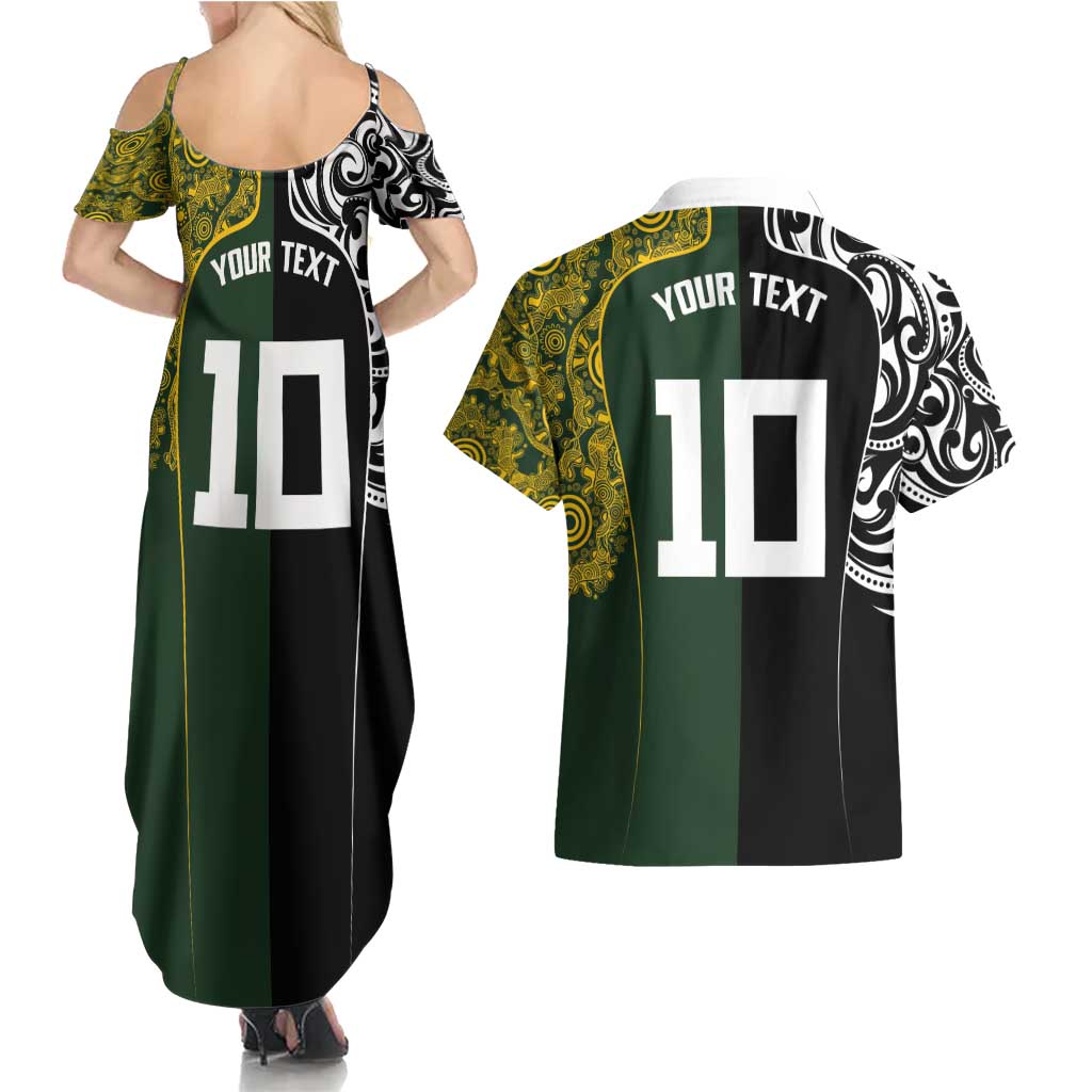 Aotearoa Australia Rugby Custom Couples Matching Summer Maxi Dress and Hawaiian Shirt Maori and Aboriginal Art Sporty Style - Aussie Hoodie