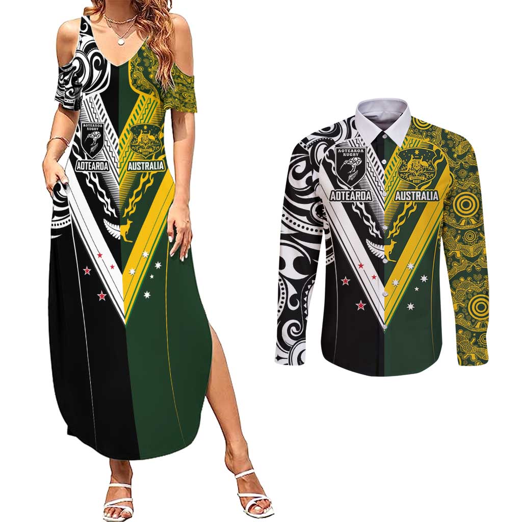 Aotearoa Australia Rugby Custom Couples Matching Summer Maxi Dress and Long Sleeve Button Shirt Maori and Aboriginal Art Sporty Style - Aussie Hoodie
