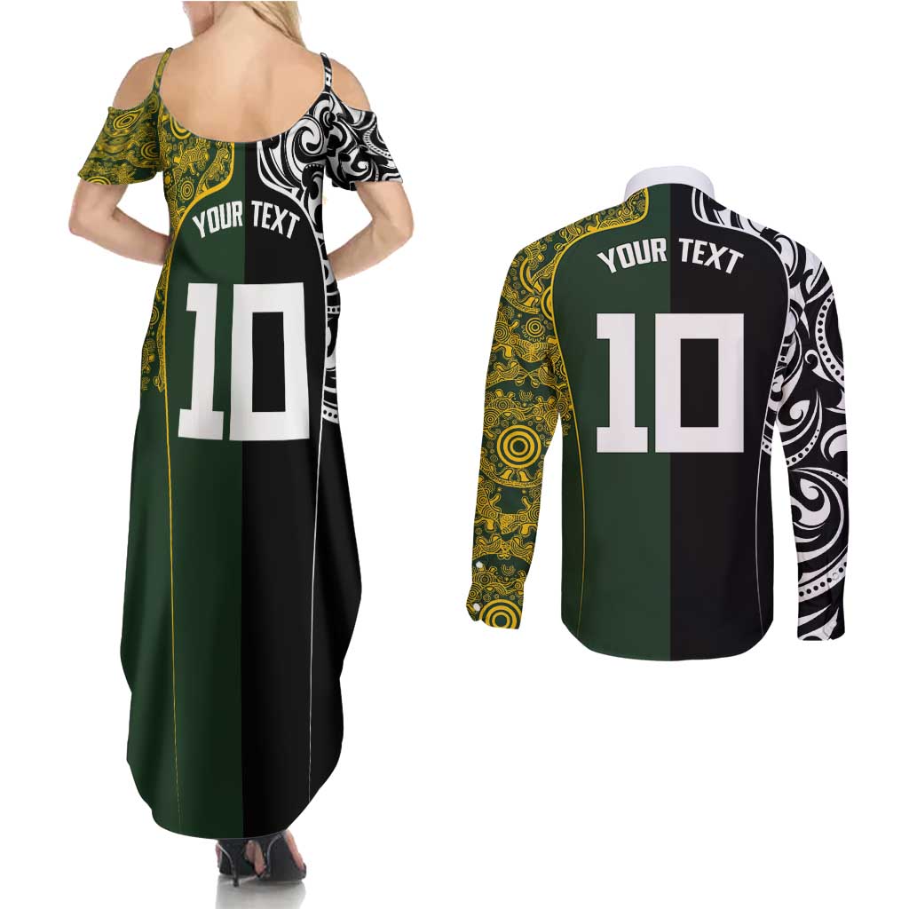 Aotearoa Australia Rugby Custom Couples Matching Summer Maxi Dress and Long Sleeve Button Shirt Maori and Aboriginal Art Sporty Style - Aussie Hoodie