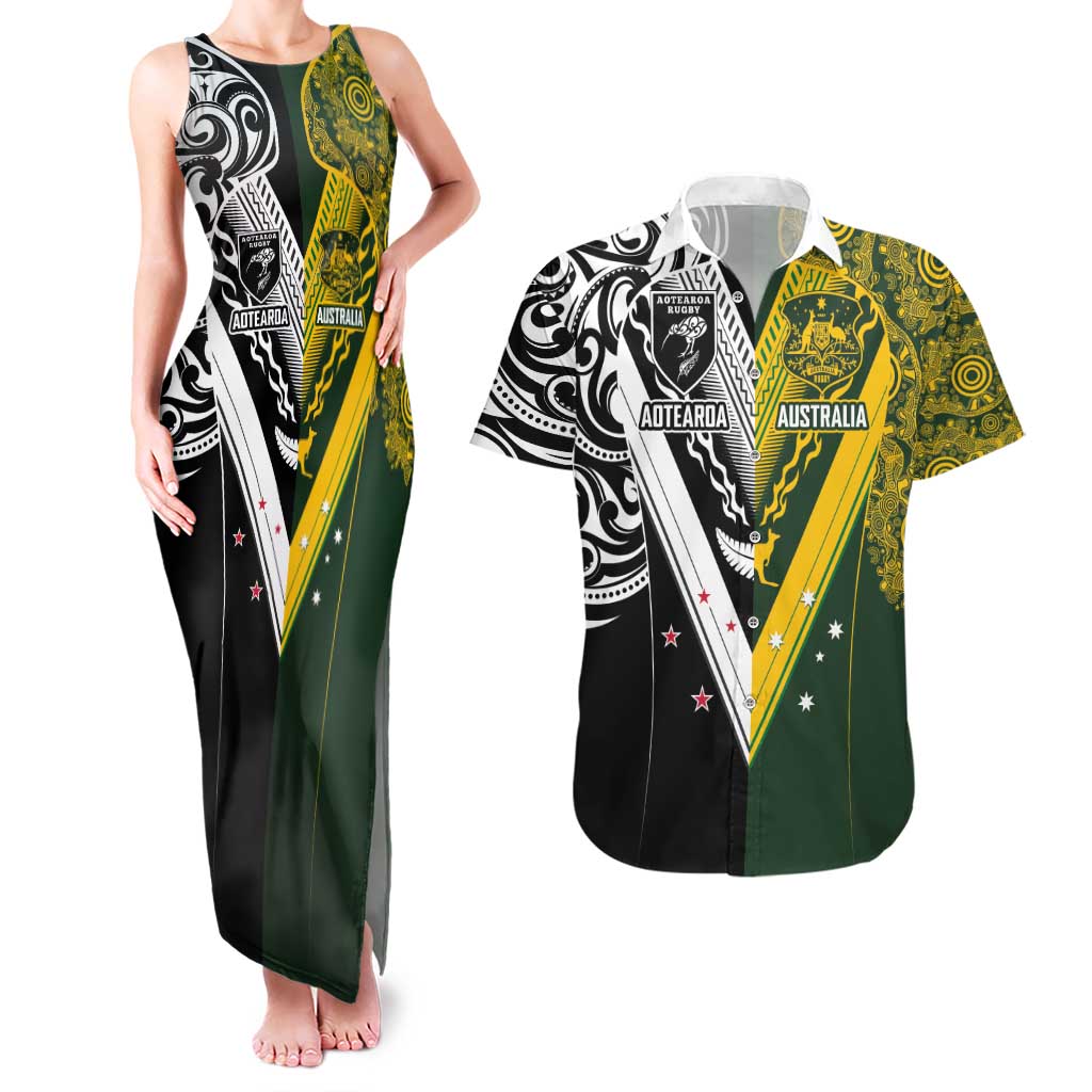 Aotearoa Australia Rugby Custom Couples Matching Tank Maxi Dress and Hawaiian Shirt Maori and Aboriginal Art Sporty Style - Aussie Hoodie