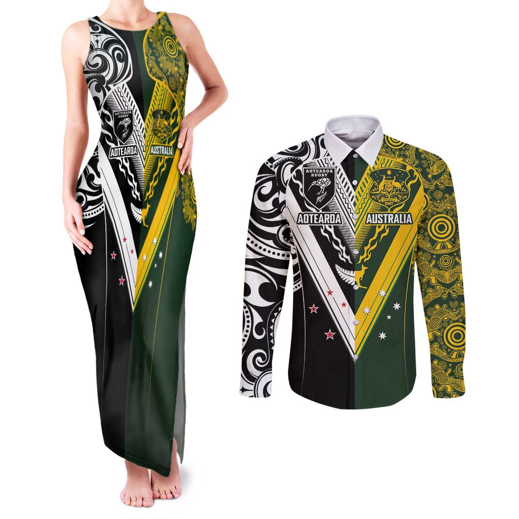 Aotearoa Australia Rugby Custom Couples Matching Tank Maxi Dress and Long Sleeve Button Shirt Maori and Aboriginal Art Sporty Style - Aussie Hoodie