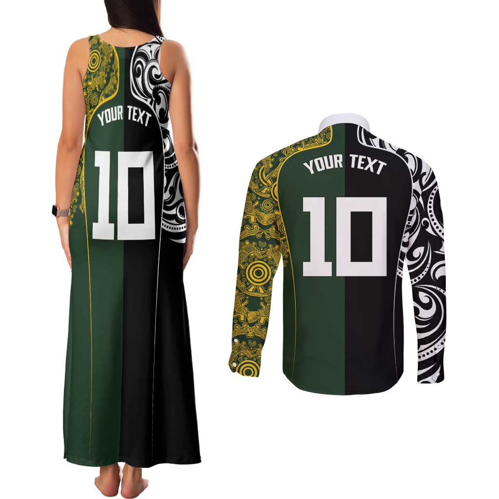 Aotearoa Australia Rugby Custom Couples Matching Tank Maxi Dress and Long Sleeve Button Shirt Maori and Aboriginal Art Sporty Style - Aussie Hoodie