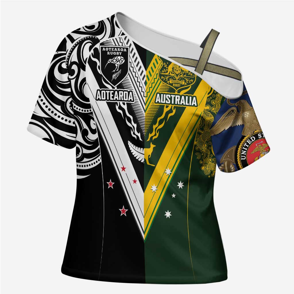 Aotearoa Australia Rugby Custom Cross Shoulder Shirt Maori and Aboriginal Art Sporty Style - Aussie Hoodie