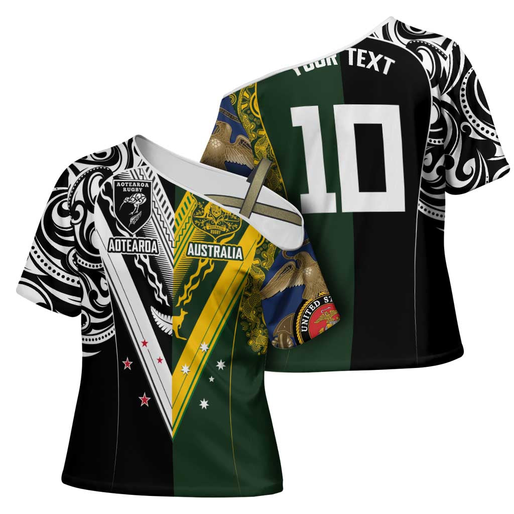 Aotearoa Australia Rugby Custom Cross Shoulder Shirt Maori and Aboriginal Art Sporty Style - Aussie Hoodie