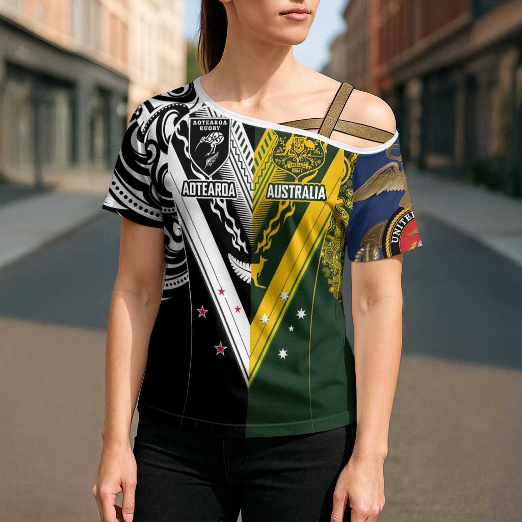 Aotearoa Australia Rugby Custom Cross Shoulder Shirt Maori and Aboriginal Art Sporty Style - Aussie Hoodie