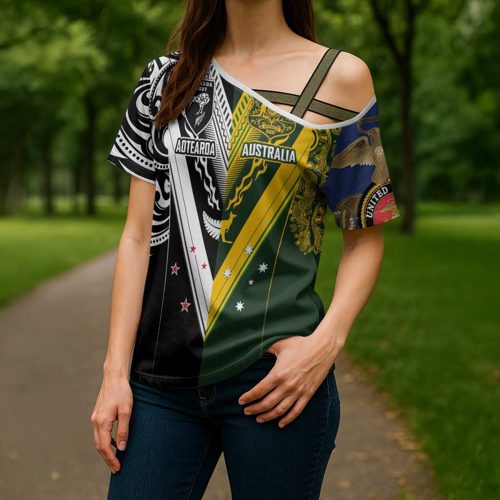 Aotearoa Australia Rugby Custom Cross Shoulder Shirt Maori and Aboriginal Art Sporty Style - Aussie Hoodie