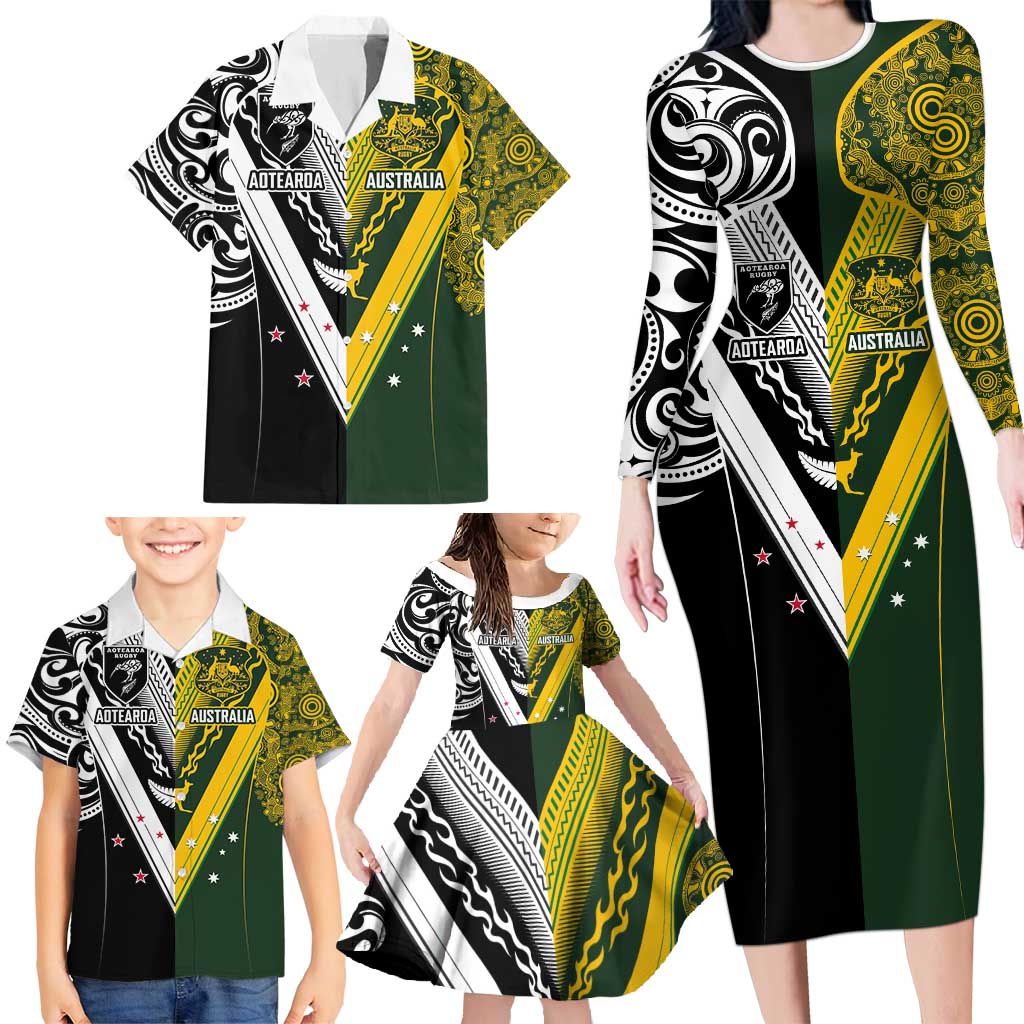 Aotearoa Australia Rugby Custom Family Matching Long Sleeve Bodycon Dress and Hawaiian Shirt Maori and Aboriginal Art Sporty Style - Aussie Hoodie