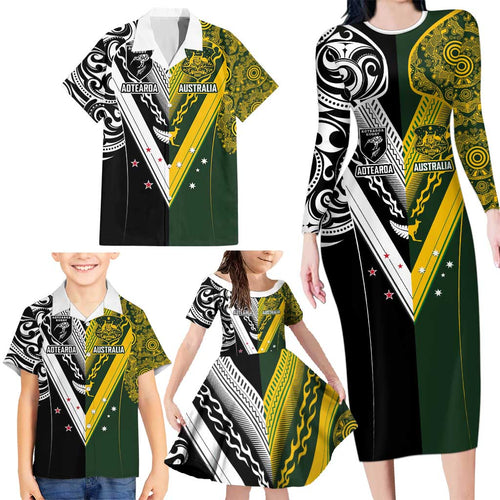 Aotearoa Australia Rugby Custom Family Matching Long Sleeve Bodycon Dress and Hawaiian Shirt Maori and Aboriginal Art Sporty Style - Aussie Hoodie
