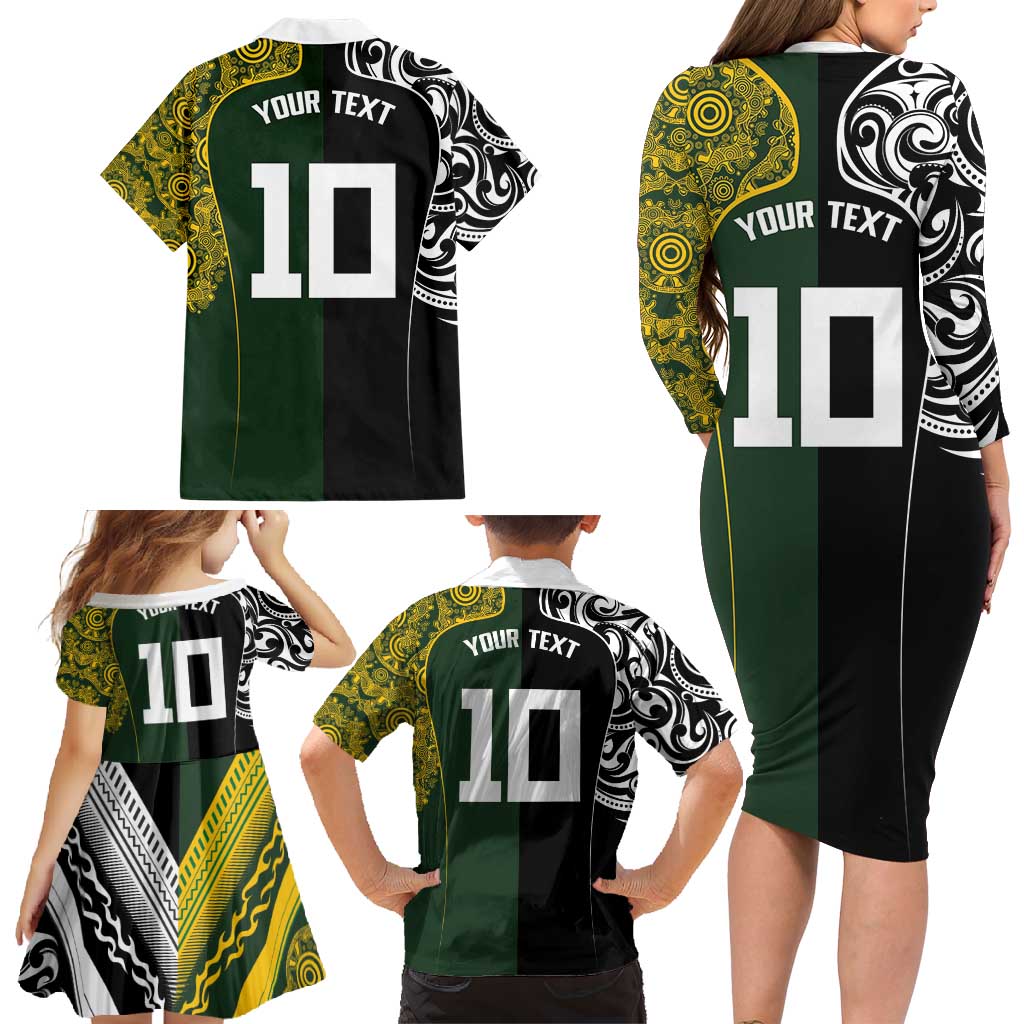 Aotearoa Australia Rugby Custom Family Matching Long Sleeve Bodycon Dress and Hawaiian Shirt Maori and Aboriginal Art Sporty Style - Aussie Hoodie