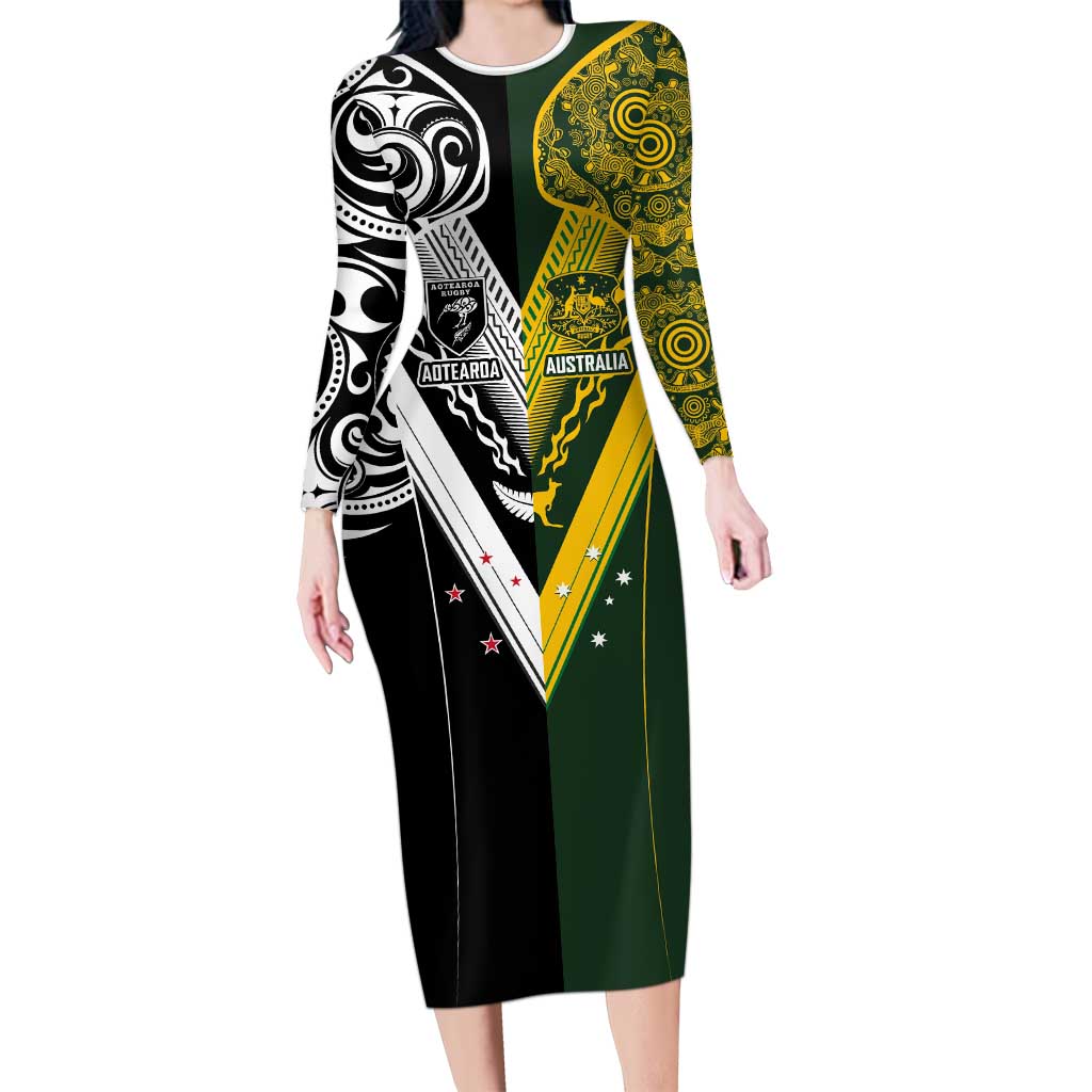 Aotearoa Australia Rugby Custom Family Matching Long Sleeve Bodycon Dress and Hawaiian Shirt Maori and Aboriginal Art Sporty Style - Aussie Hoodie