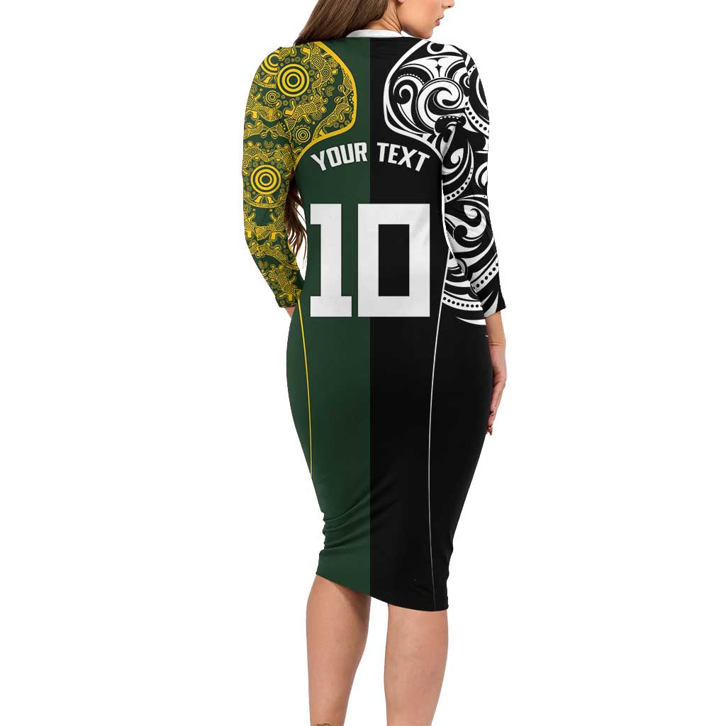 Aotearoa Australia Rugby Custom Family Matching Long Sleeve Bodycon Dress and Hawaiian Shirt Maori and Aboriginal Art Sporty Style - Aussie Hoodie