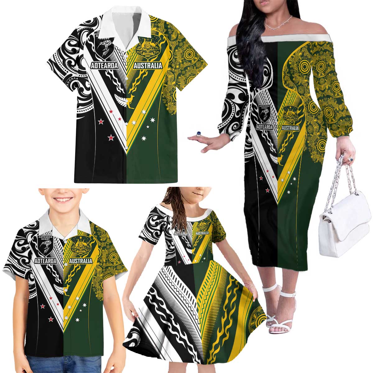 Aotearoa Australia Rugby Custom Family Matching Off The Shoulder Long Sleeve Dress and Hawaiian Shirt Maori and Aboriginal Art Sporty Style - Aussie Hoodie