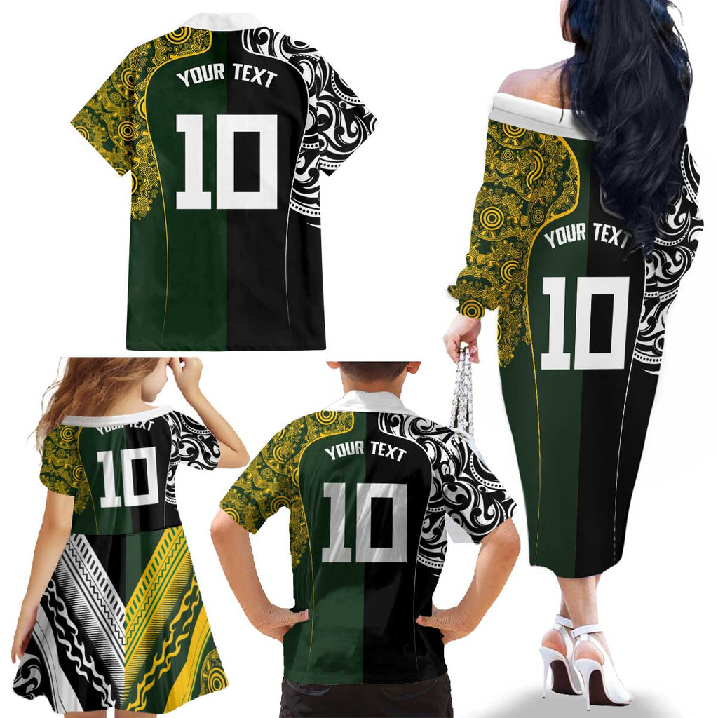 Aotearoa Australia Rugby Custom Family Matching Off The Shoulder Long Sleeve Dress and Hawaiian Shirt Maori and Aboriginal Art Sporty Style - Aussie Hoodie