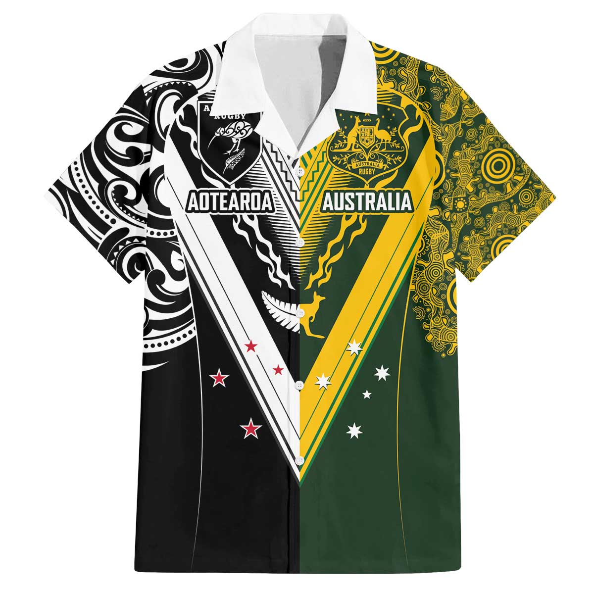 Aotearoa Australia Rugby Custom Family Matching Off The Shoulder Long Sleeve Dress and Hawaiian Shirt Maori and Aboriginal Art Sporty Style - Aussie Hoodie