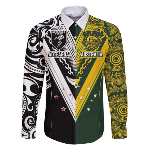 Aotearoa Australia Rugby Custom Family Matching Off The Shoulder Long Sleeve Dress and Hawaiian Shirt Maori and Aboriginal Art Sporty Style - Aussie Hoodie