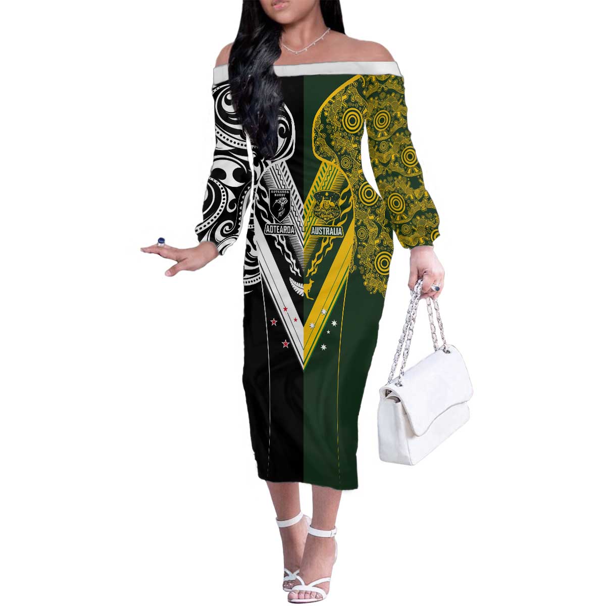 Aotearoa Australia Rugby Custom Family Matching Off The Shoulder Long Sleeve Dress and Hawaiian Shirt Maori and Aboriginal Art Sporty Style - Aussie Hoodie