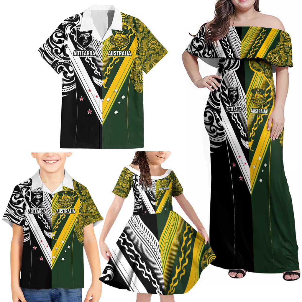Aotearoa Australia Rugby Custom Family Matching Off Shoulder Maxi Dress and Hawaiian Shirt Maori and Aboriginal Art Sporty Style - Aussie Hoodie