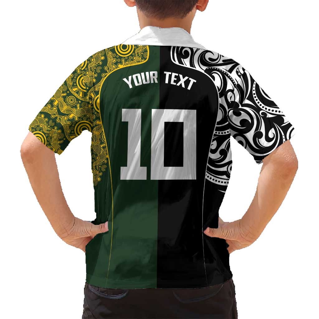 Aotearoa Australia Rugby Custom Family Matching Off Shoulder Maxi Dress and Hawaiian Shirt Maori and Aboriginal Art Sporty Style - Aussie Hoodie