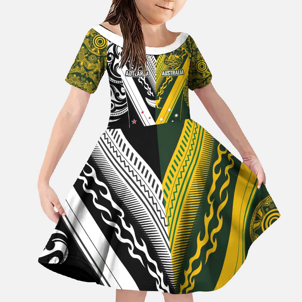 Aotearoa Australia Rugby Custom Family Matching Off Shoulder Maxi Dress and Hawaiian Shirt Maori and Aboriginal Art Sporty Style - Aussie Hoodie