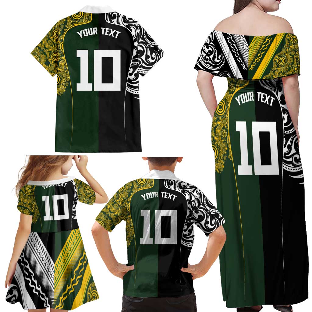 Aotearoa Australia Rugby Custom Family Matching Off Shoulder Maxi Dress and Hawaiian Shirt Maori and Aboriginal Art Sporty Style - Aussie Hoodie