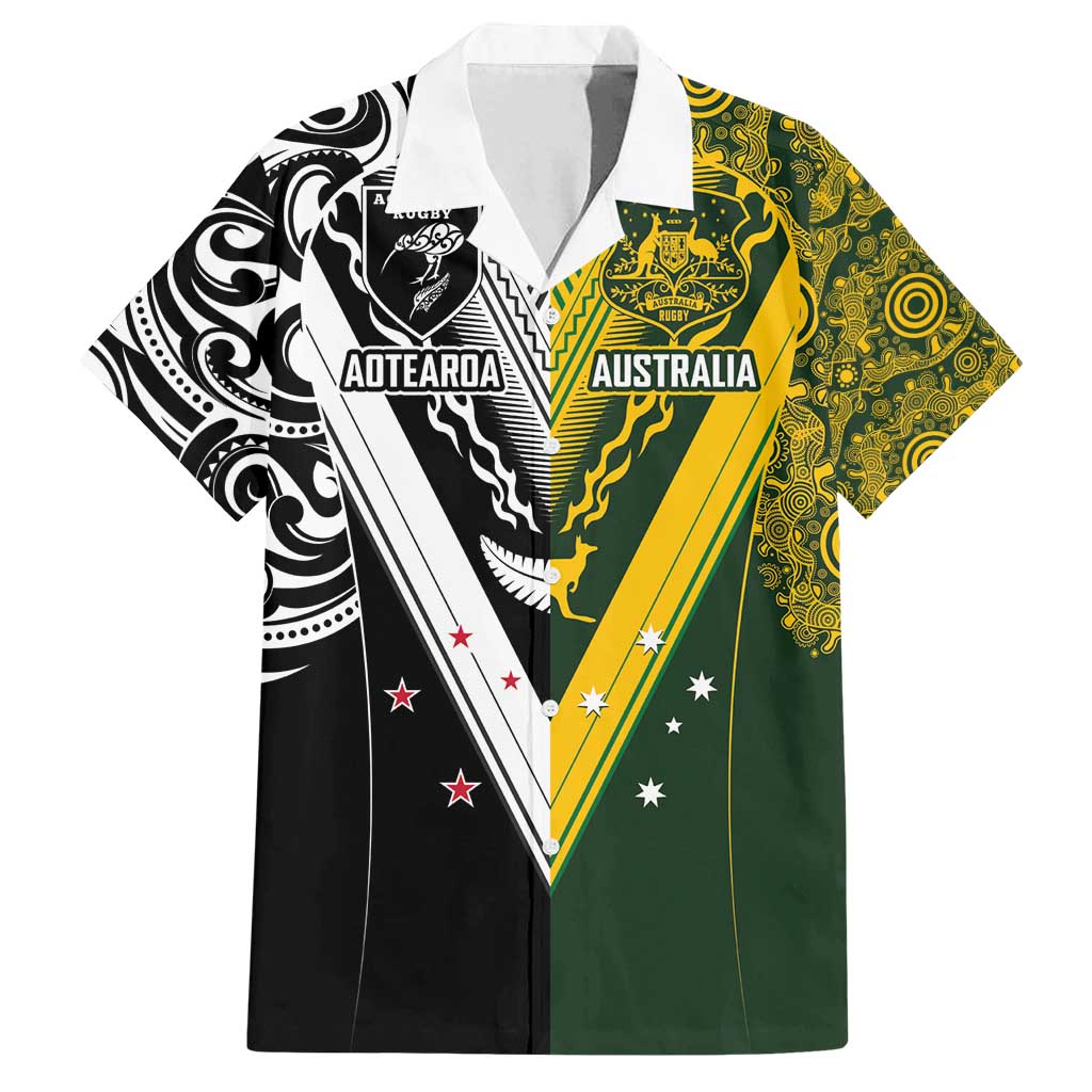 Aotearoa Australia Rugby Custom Family Matching Off Shoulder Maxi Dress and Hawaiian Shirt Maori and Aboriginal Art Sporty Style - Aussie Hoodie