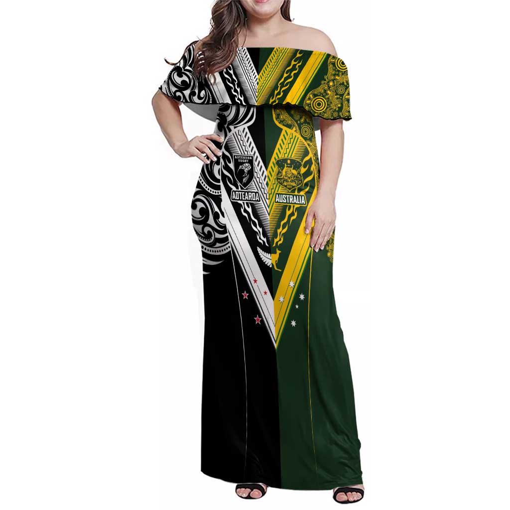 Aotearoa Australia Rugby Custom Family Matching Off Shoulder Maxi Dress and Hawaiian Shirt Maori and Aboriginal Art Sporty Style - Aussie Hoodie