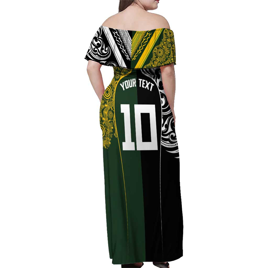 Aotearoa Australia Rugby Custom Family Matching Off Shoulder Maxi Dress and Hawaiian Shirt Maori and Aboriginal Art Sporty Style - Aussie Hoodie