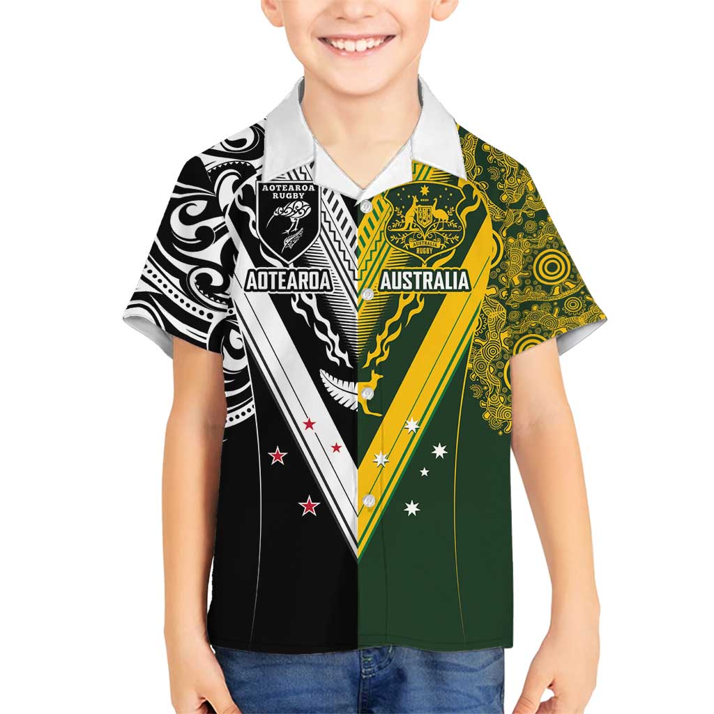 Aotearoa Australia Rugby Custom Family Matching Off Shoulder Maxi Dress and Hawaiian Shirt Maori and Aboriginal Art Sporty Style - Aussie Hoodie