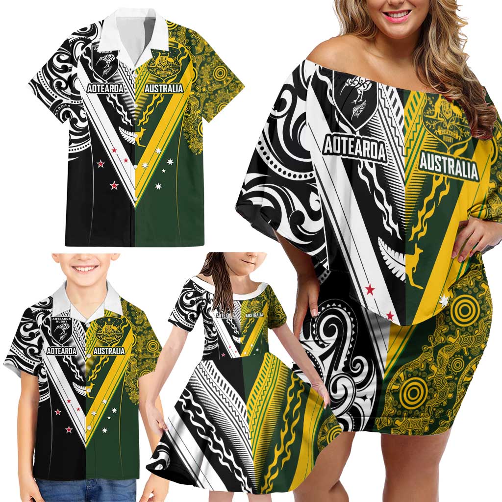 Aotearoa Australia Rugby Custom Family Matching Off Shoulder Short Dress and Hawaiian Shirt Maori and Aboriginal Art Sporty Style - Aussie Hoodie