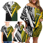 Aotearoa Australia Rugby Custom Family Matching Off Shoulder Short Dress and Hawaiian Shirt Maori and Aboriginal Art Sporty Style - Aussie Hoodie