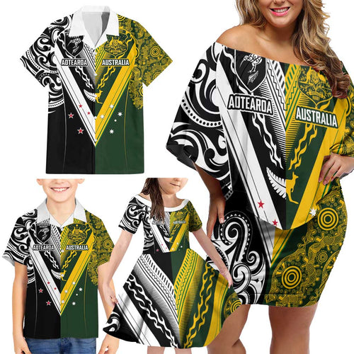 Aotearoa Australia Rugby Custom Family Matching Off Shoulder Short Dress and Hawaiian Shirt Maori and Aboriginal Art Sporty Style - Aussie Hoodie