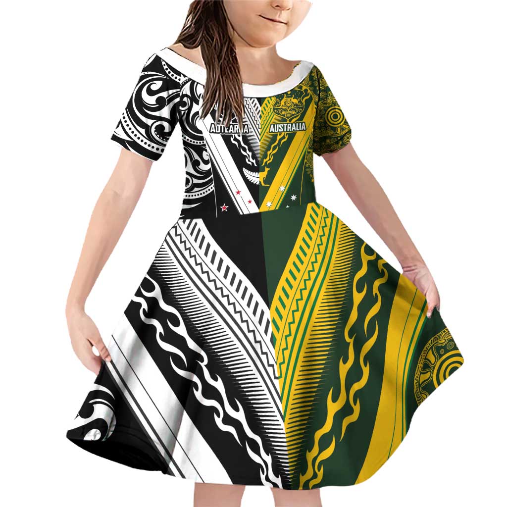 Aotearoa Australia Rugby Custom Family Matching Off Shoulder Short Dress and Hawaiian Shirt Maori and Aboriginal Art Sporty Style - Aussie Hoodie