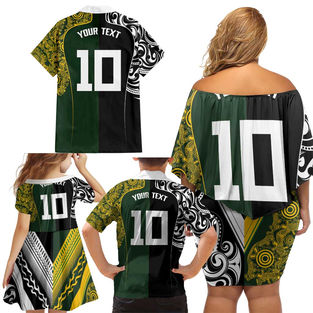 Aotearoa Australia Rugby Custom Family Matching Off Shoulder Short Dress and Hawaiian Shirt Maori and Aboriginal Art Sporty Style - Aussie Hoodie