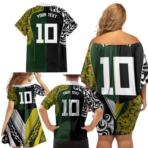 Aotearoa Australia Rugby Custom Family Matching Off Shoulder Short Dress and Hawaiian Shirt Maori and Aboriginal Art Sporty Style - Aussie Hoodie