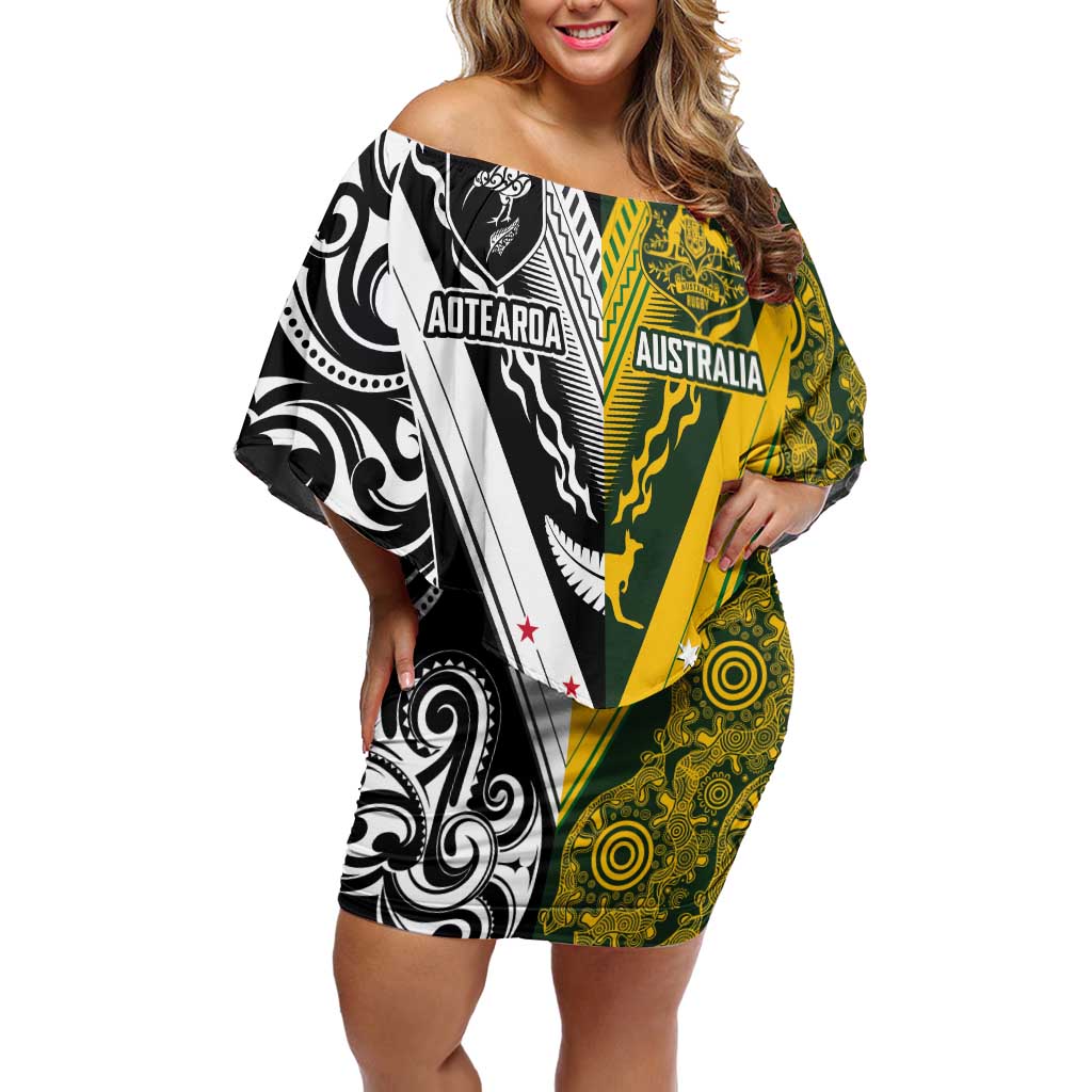 Aotearoa Australia Rugby Custom Family Matching Off Shoulder Short Dress and Hawaiian Shirt Maori and Aboriginal Art Sporty Style - Aussie Hoodie